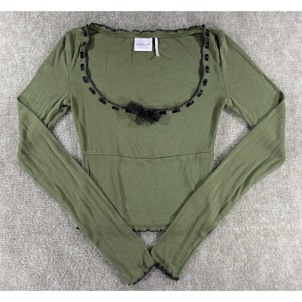 Urban Outfitters Out From Under Ribbed Green Long Sleeve Top Black Trim Bow S